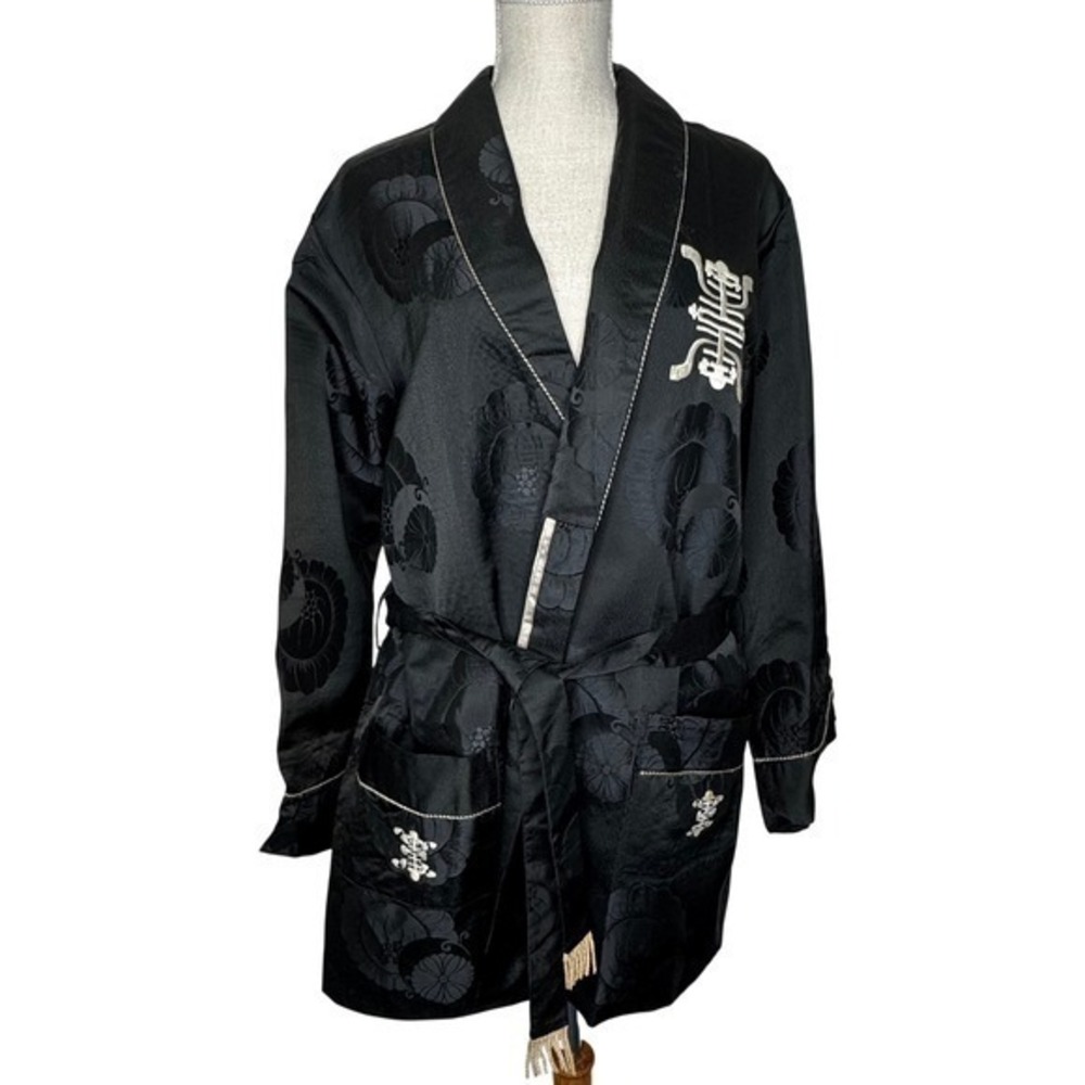 Vintage Asian Satin Kimono Short Robe‎ Black Size M